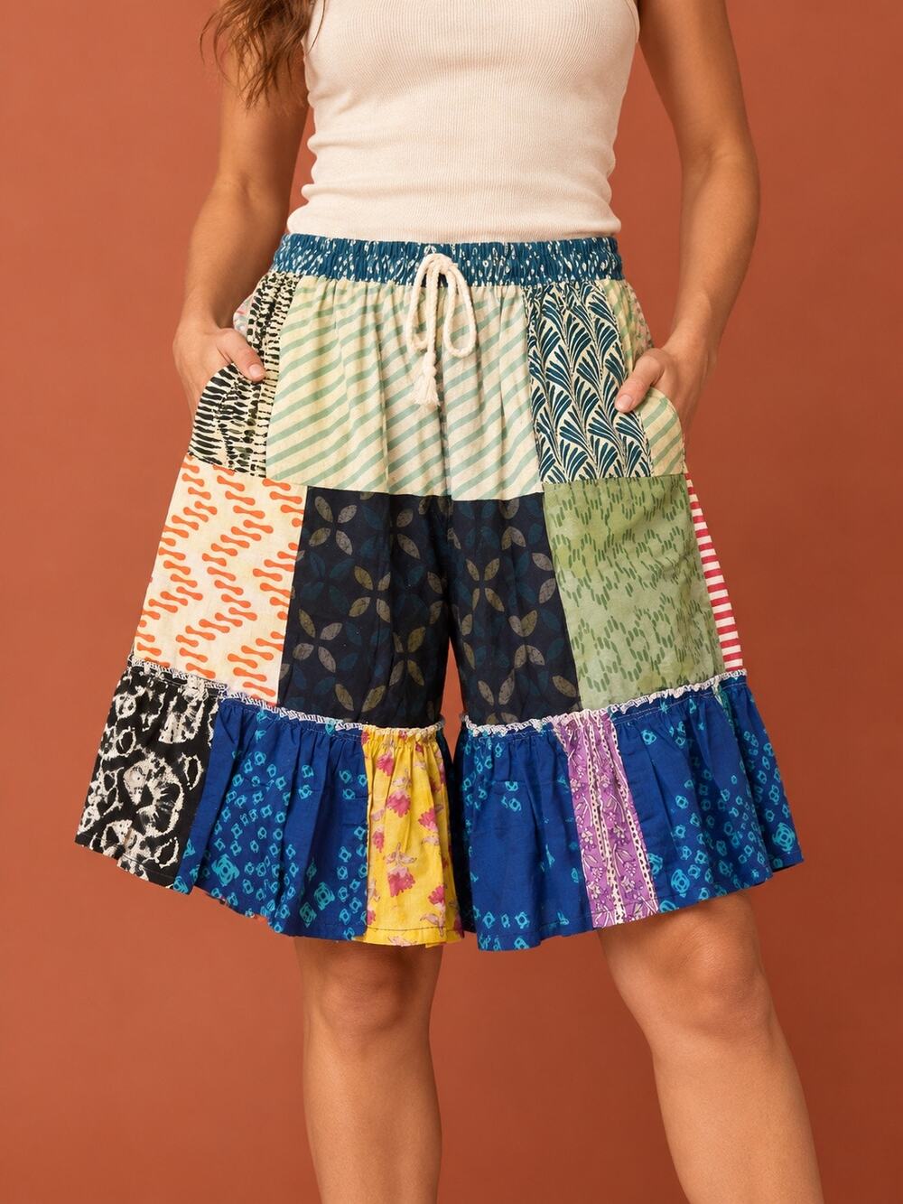 Rhea Women’s Patchwork Bermuda Shorts Boho Cotton Elastic Waist Knee Length